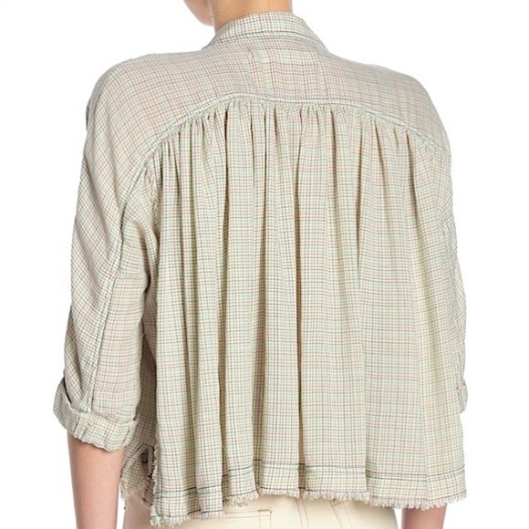 NWT FREE PEOPLE Rainbow Plaid Oversized Button Up Pleated Cropped Prairie Top S - Picture 12 of 13